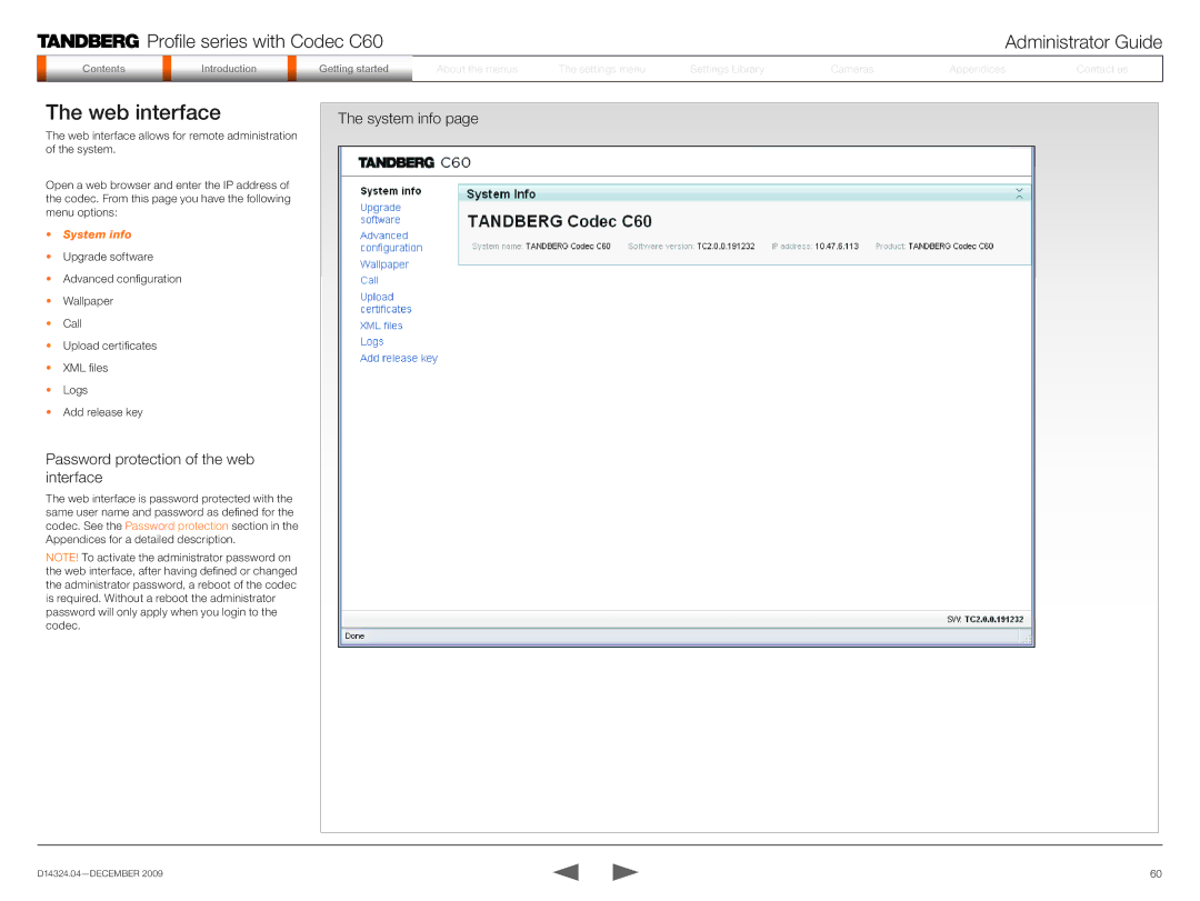 TANDBERG TC2.1 manual Web interface, Password protection of the web interface, System info 