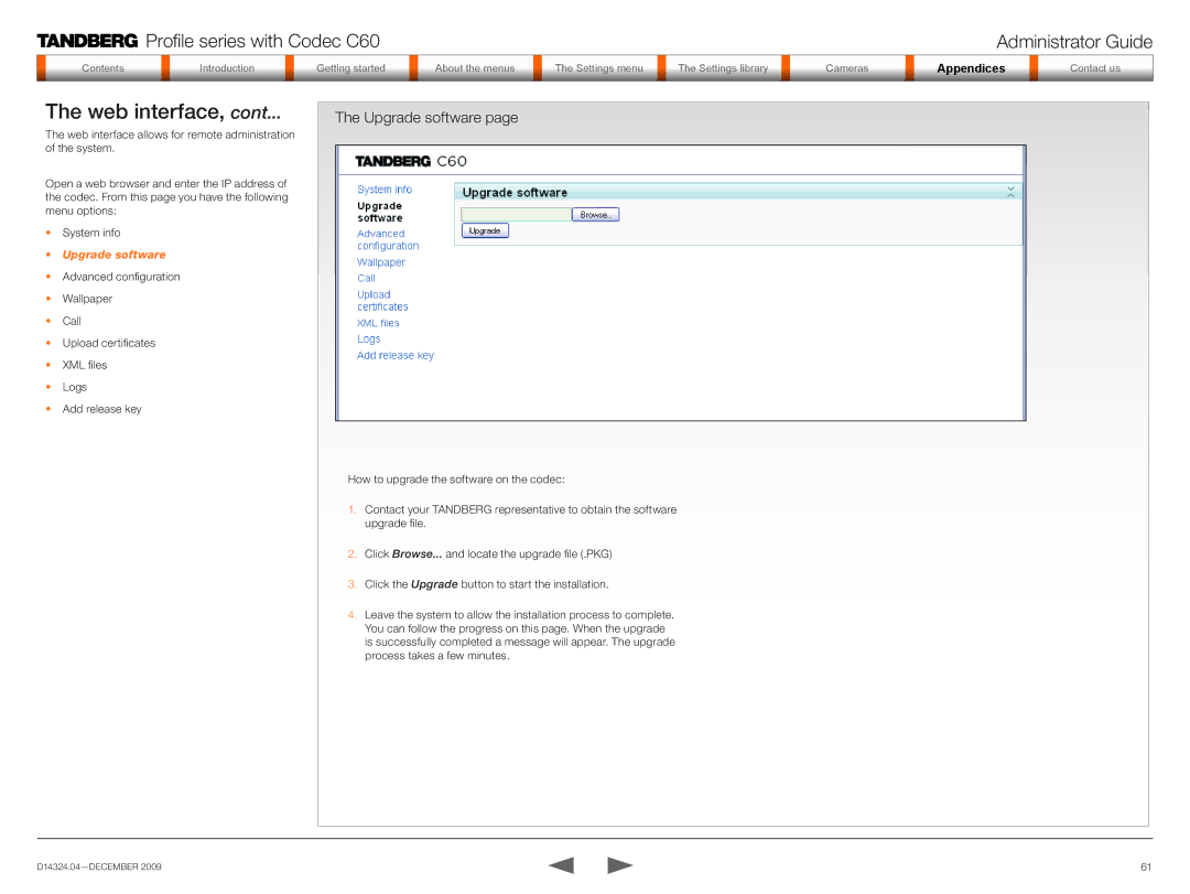 TANDBERG TC2.1 manual Web interface, Upgrade software 