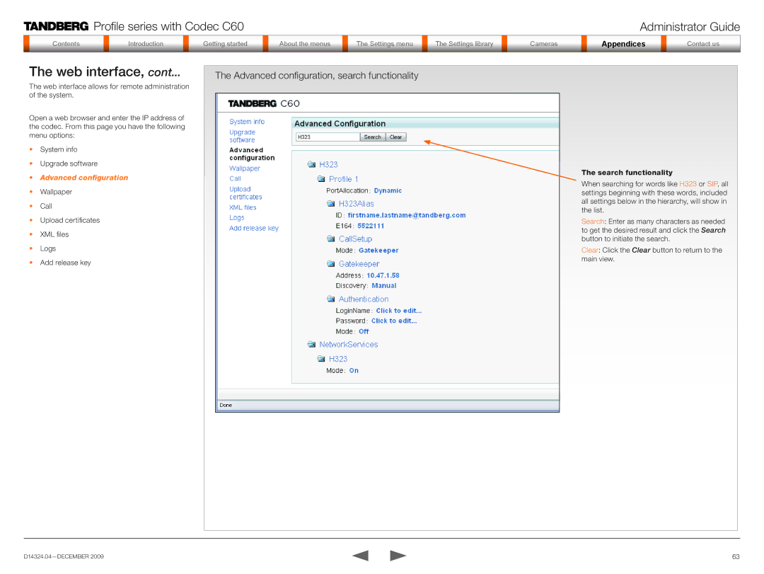 TANDBERG TC2.1 manual Advanced configuration, search functionality, Search functionality 