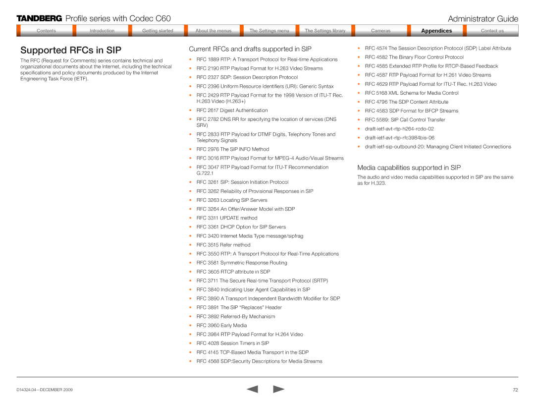 TANDBERG TC2.1 manual Supported RFCs in SIP, Current RFCs and drafts supported in SIP, Media capabilities supported in SIP 