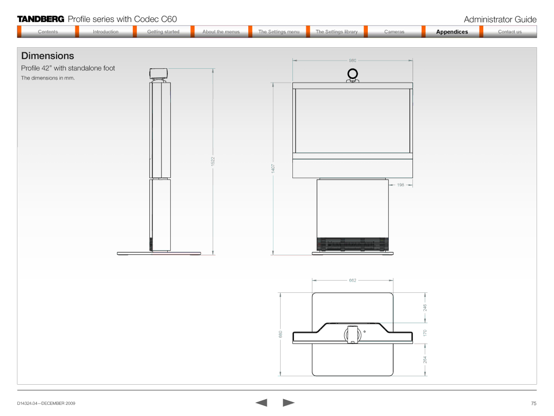 TANDBERG TC2.1 manual Dimensions, Profile 42 with standalone foot 