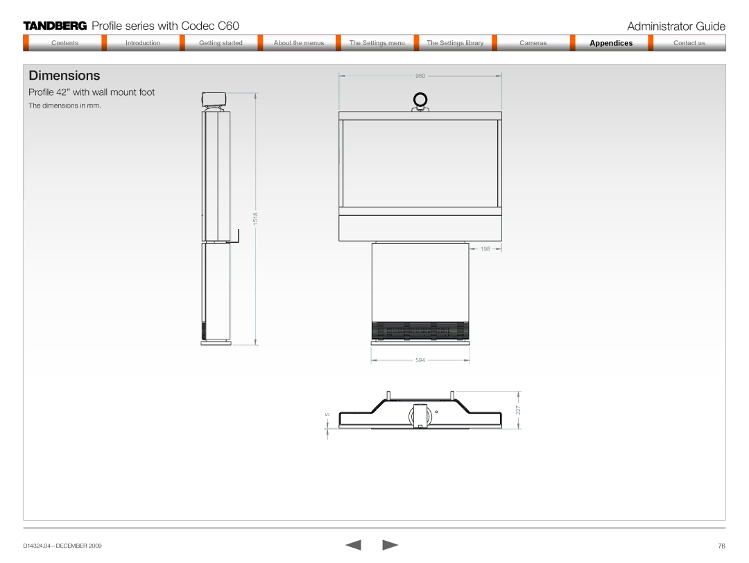 TANDBERG TC2.1 manual Profile 42 with wall mount foot 