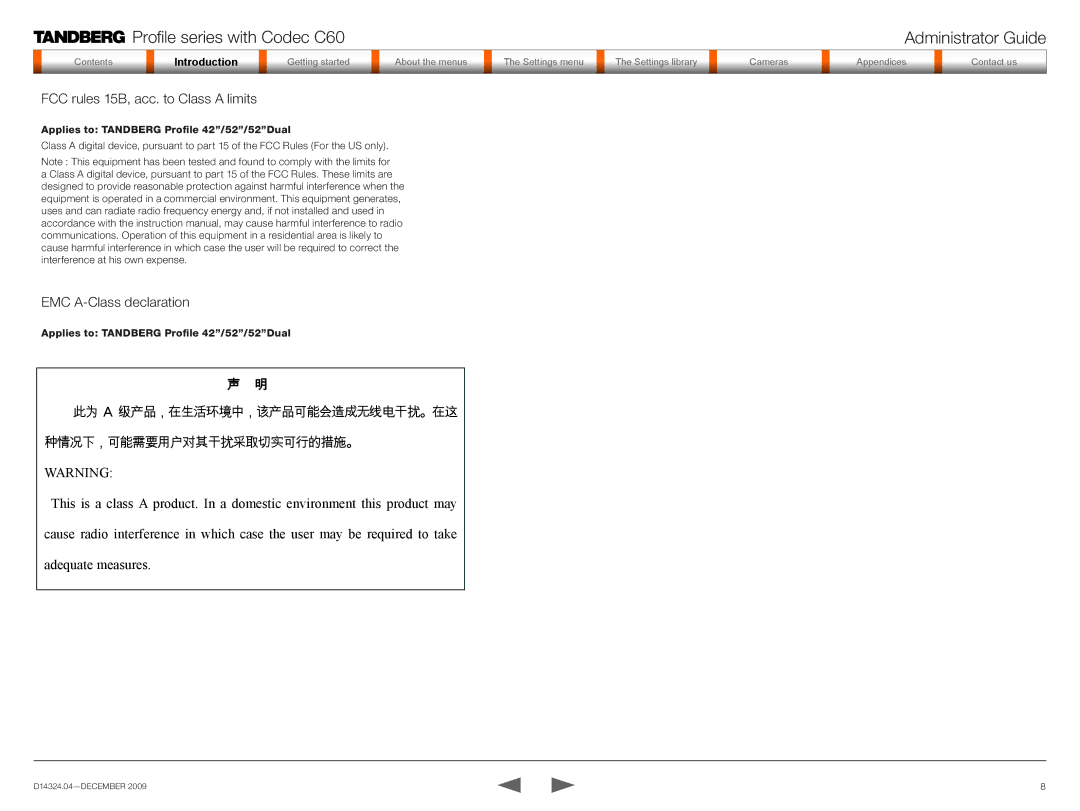 TANDBERG TC2.1 manual FCC rules 15B, acc. to Class a limits, EMC A-Class declaration 