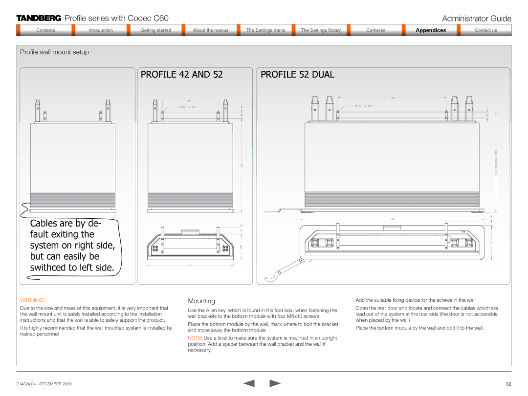 TANDBERG TC2.1 manual Profile wall mount setup, Mounting 