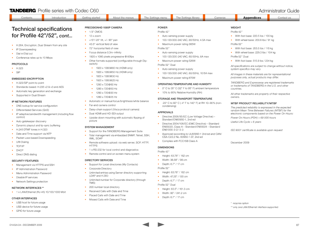 TANDBERG TC2.1 manual Technical specifications For Profile 42/52, SIP Embedded Encryption 