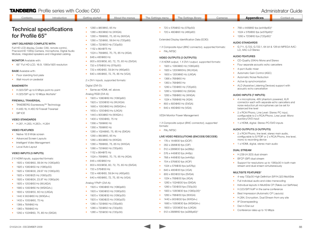 TANDBERG TC2.1 manual Technical specifications for Profile 