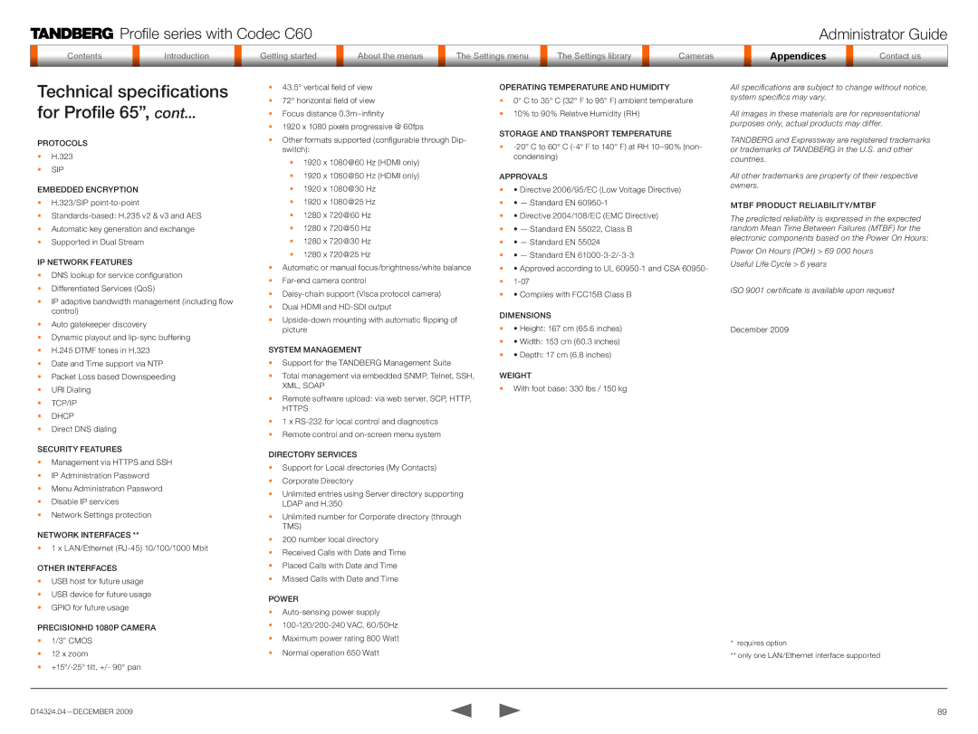 TANDBERG TC2.1 manual Technical specifications For Profile 65 