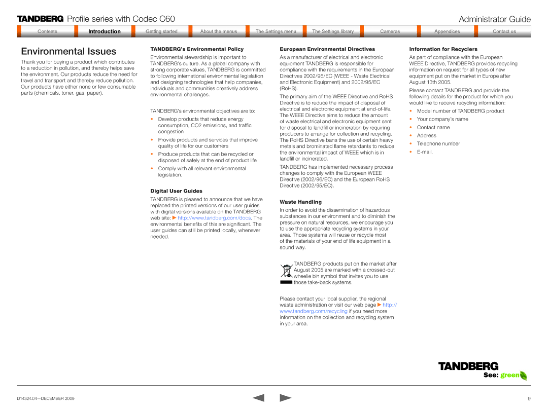 TANDBERG TC2.1 manual Environmental Issues, TANDBERG’s Environmental Policy 