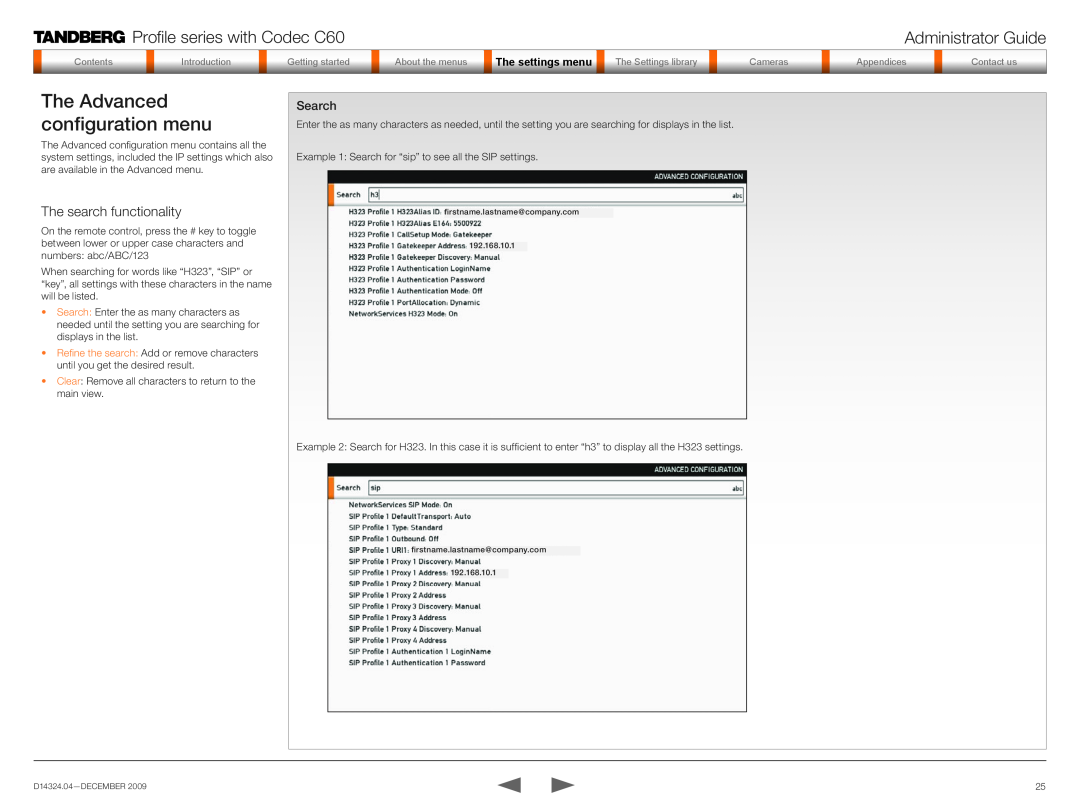 TANDBERG TC2.1 manual The Advanced configuration menu, The search functionality, Search, Profile series with Codec C60 