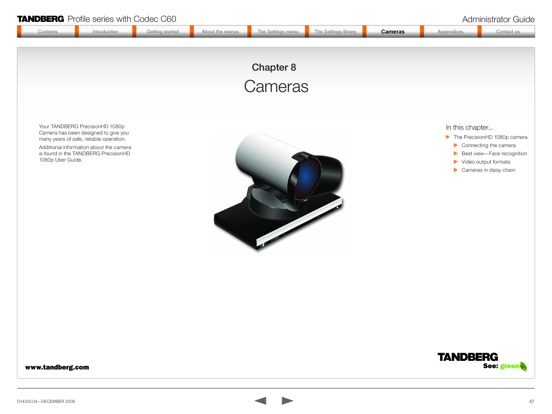 TANDBERG TC2.1 manual CamerasCa rass, Chapter, Profile series with Codec C60, Administrator Guide, In this chapter 