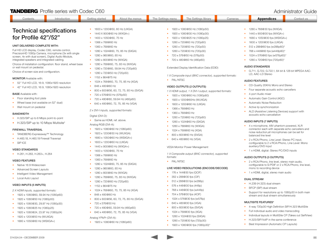 TANDBERG TC2.1 manual Technical specifications for Profile 42”/52”, Profile series with Codec C60, Administrator Guide 