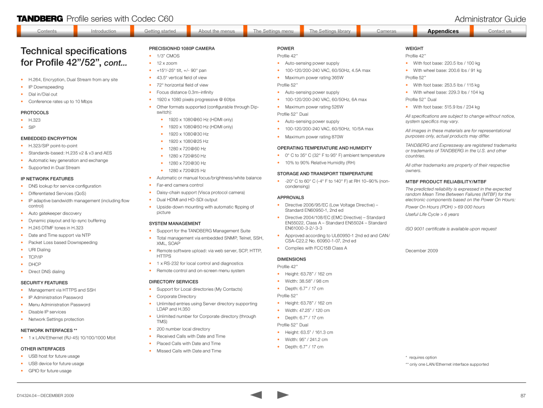 TANDBERG TC2.1 Technical specifications for Profile 42”/52”, cont, Profile series with Codec C60, Administrator Guide 