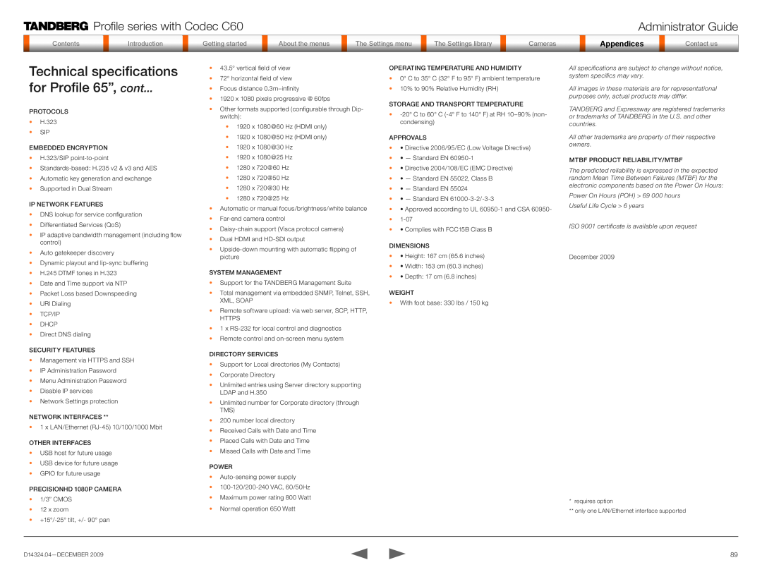 TANDBERG TC2.1 manual Technical specifications for Profile 65”, cont, Profile series with Codec C60, Administrator Guide 