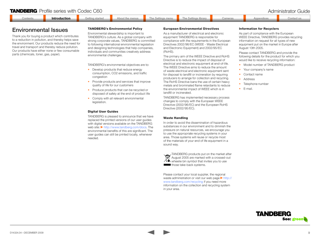 TANDBERG TC2.1 manual Environmental Issues, Profile series with Codec C60, Administrator Guide, IntroductionIntIntr ctition 