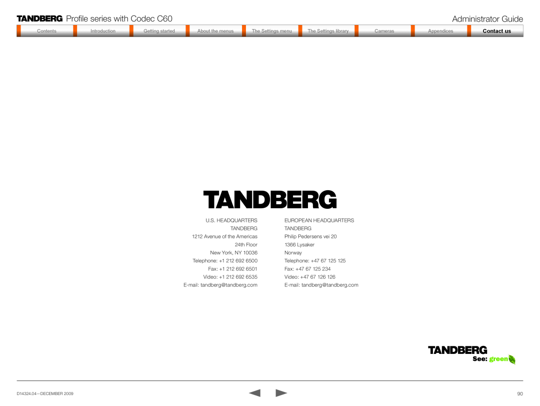 TANDBERG TC2.1 manual ContactCo ctt usus, Profile series with Codec C60, Administrator Guide 
