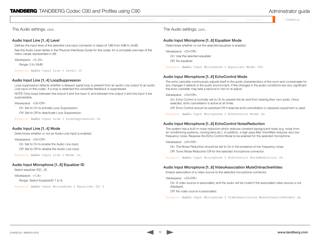 TANDBERG TC3.0 manual Audio settings 