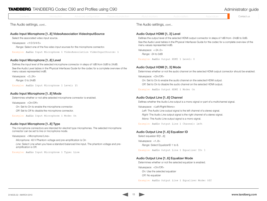 TANDBERG TC3.0 manual Audio Input Microphone 1. VideoAssociation VideoInputSource, Audio Input Microphone 1. Level 