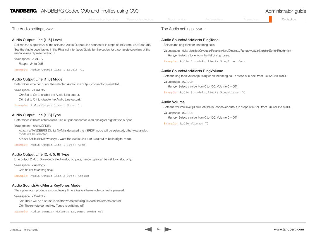 TANDBERG TC3.0 manual Audio Output Line 1. Level, Audio Output Line 1. Mode, Audio Output Line 1, 3 Type, Audio Volume 