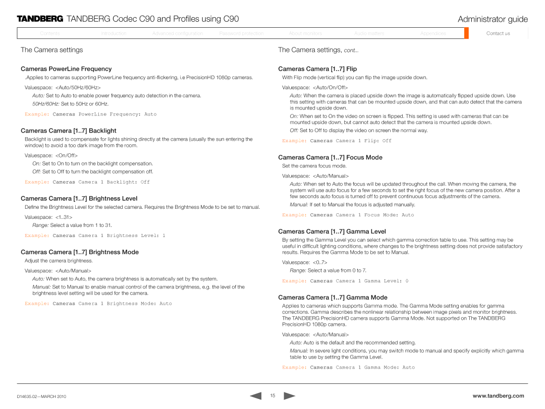 TANDBERG TC3.0 manual Camera settings 