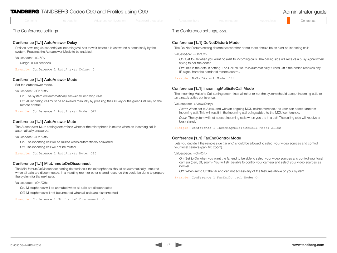 TANDBERG TC3.0 manual Conference settings 