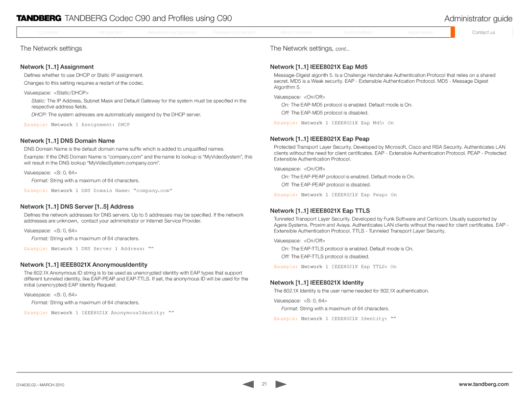 TANDBERG TC3.0 manual Network settings 