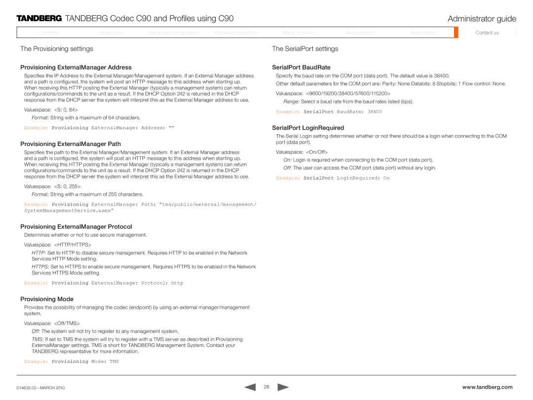 TANDBERG TC3.0 manual Provisioning settings, SerialPort settings 