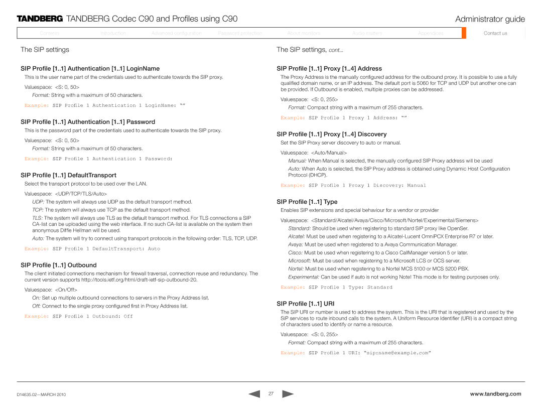 TANDBERG TC3.0 manual SIP settings 