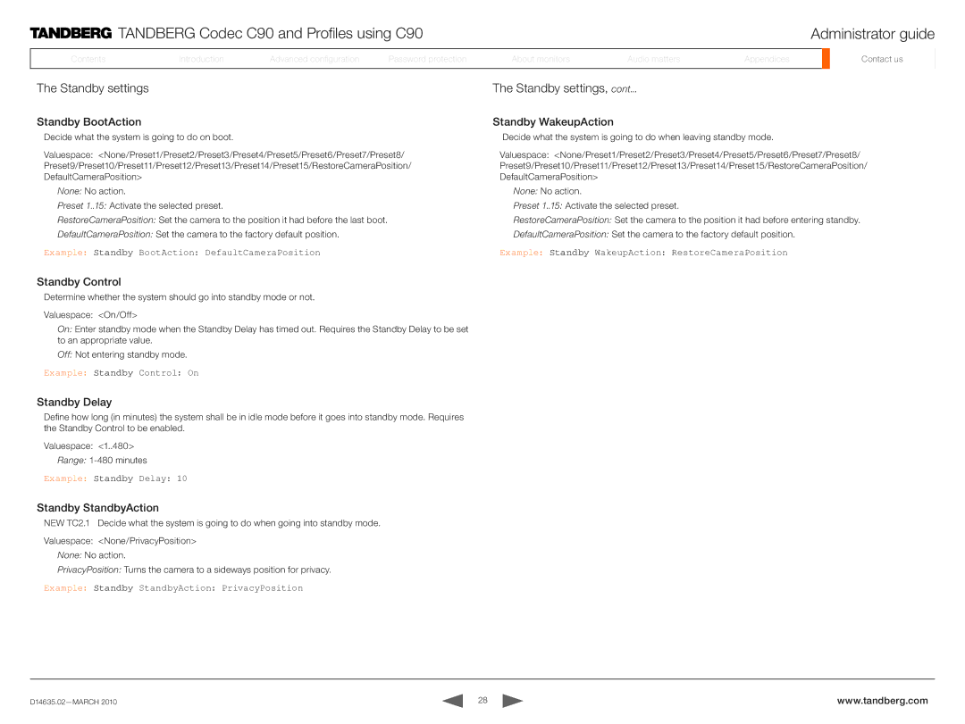 TANDBERG TC3.0 Standby settings Standby settings, Standby BootAction Standby WakeupAction, Standby Control, Standby Delay 