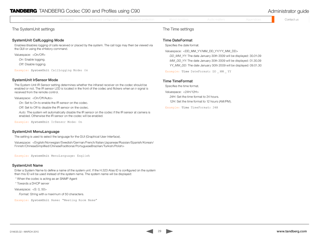 TANDBERG TC3.0 manual SystemUnit settings, Time settings 