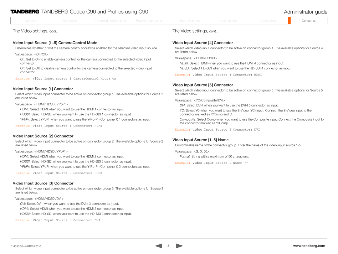 TANDBERG TC3.0 manual Video settings 