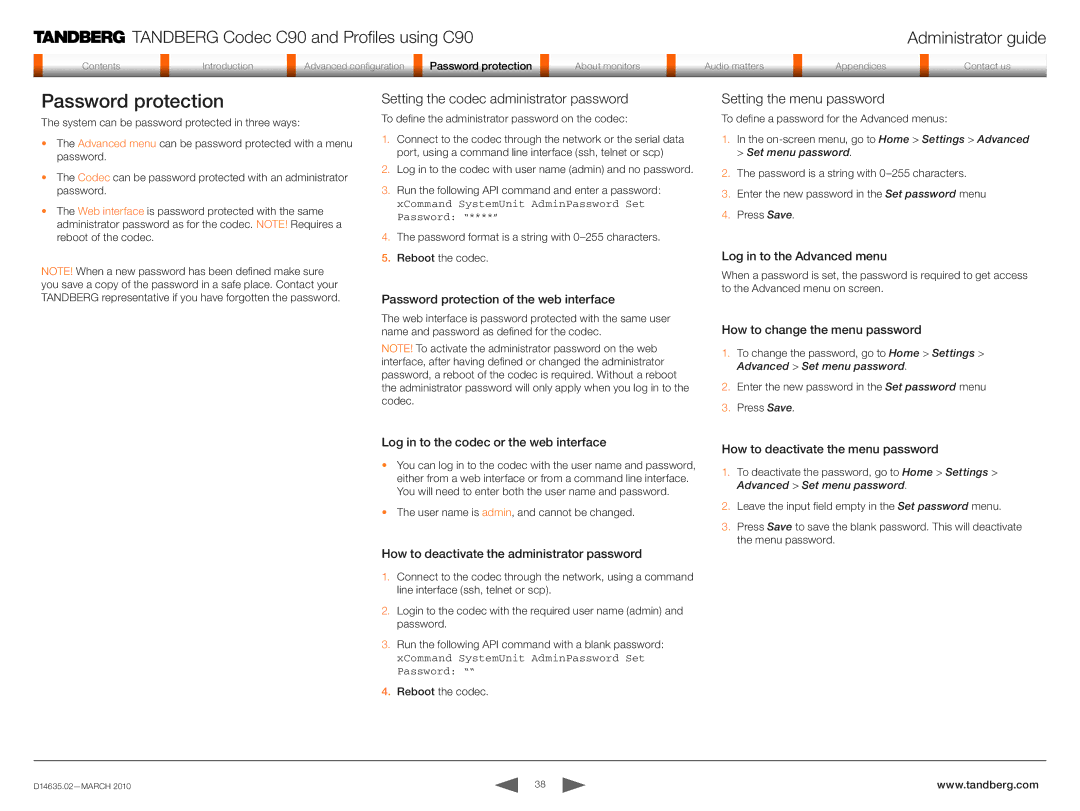TANDBERG TC3.0 manual Password protection, Setting the codec administrator password, Setting the menu password 