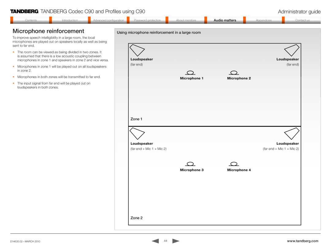 TANDBERG TC3.0 manual Microphone reinforcement, Using microphone reinforcement in a large room, Zone 