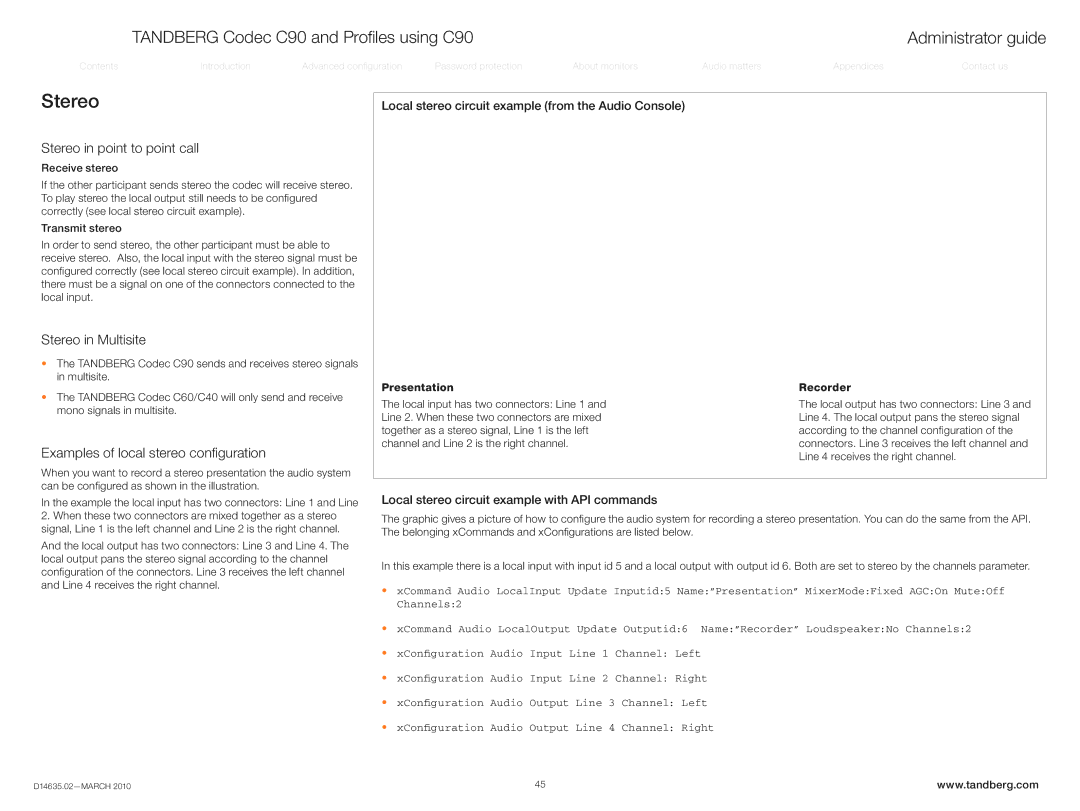 TANDBERG TC3.0 manual Stereo in point to point call, Stereo in Multisite, Examples of local stereo configuration 