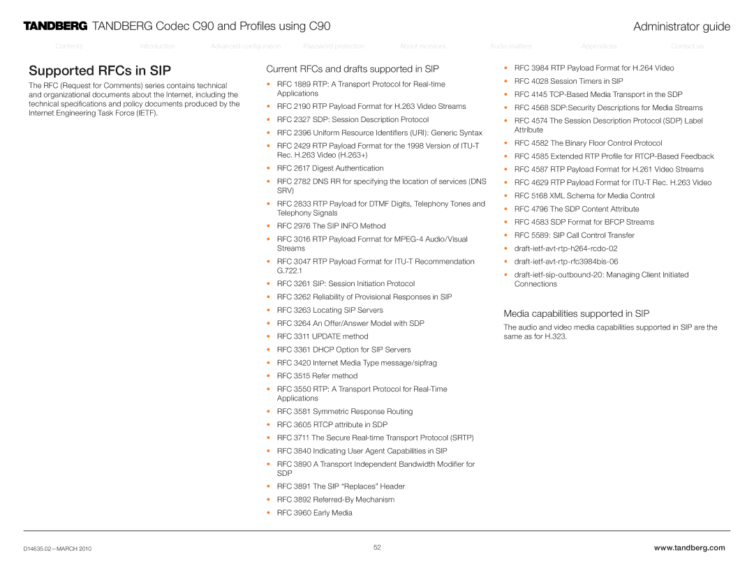 TANDBERG TC3.0 manual Supported RFCs in SIP, Current RFCs and drafts supported in SIP, Media capabilities supported in SIP 