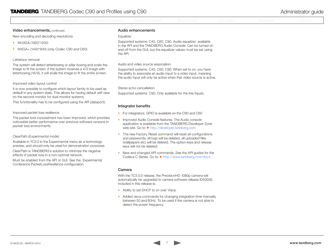 TANDBERG TC3.0 manual Audio enhancements, Integrator benefits, Camera 