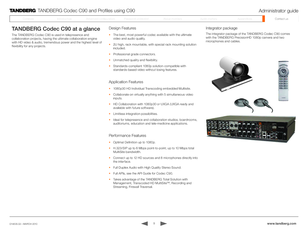 TANDBERG TC3.0 manual Tandberg Codec C90 at a glance, Design Features, Application Features, Performance Features 