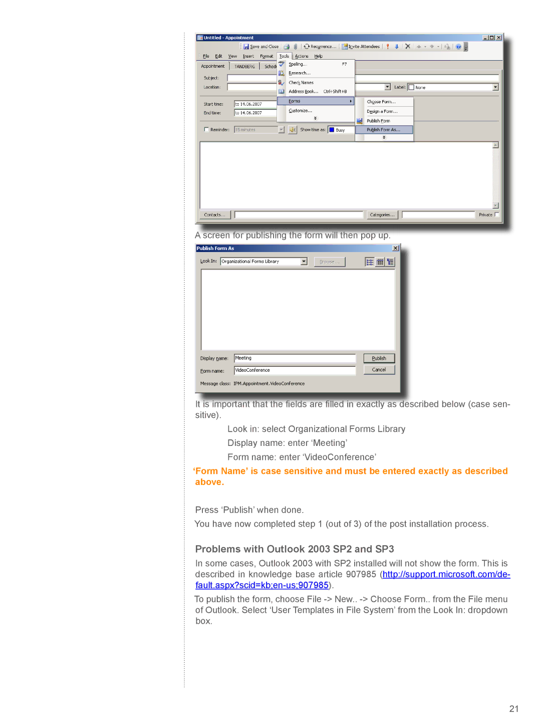 TANDBERG V 11.8 manual Problems with Outlook 2003 SP2 and SP3 