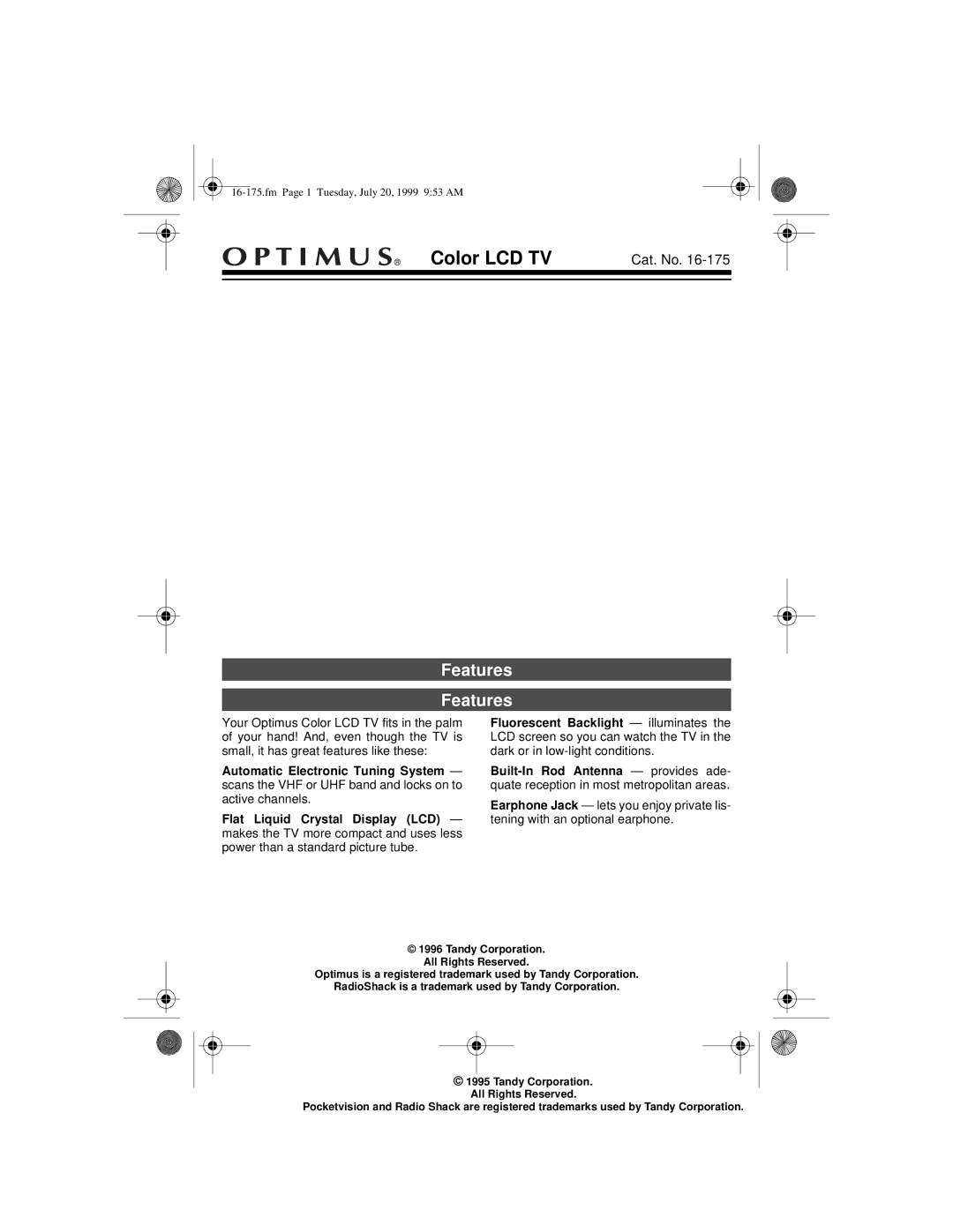 Tandy 16-175 manual Color LCD TV, Features 