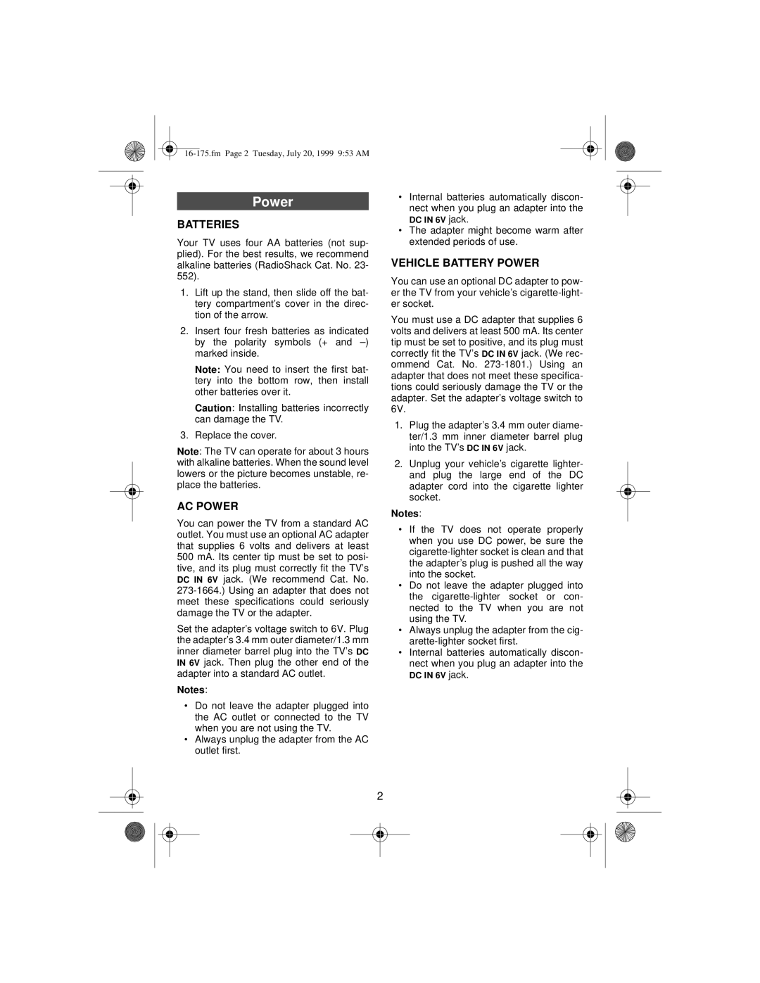 Tandy 16-175 manual Batteries, AC Power, Vehicle Battery Power 