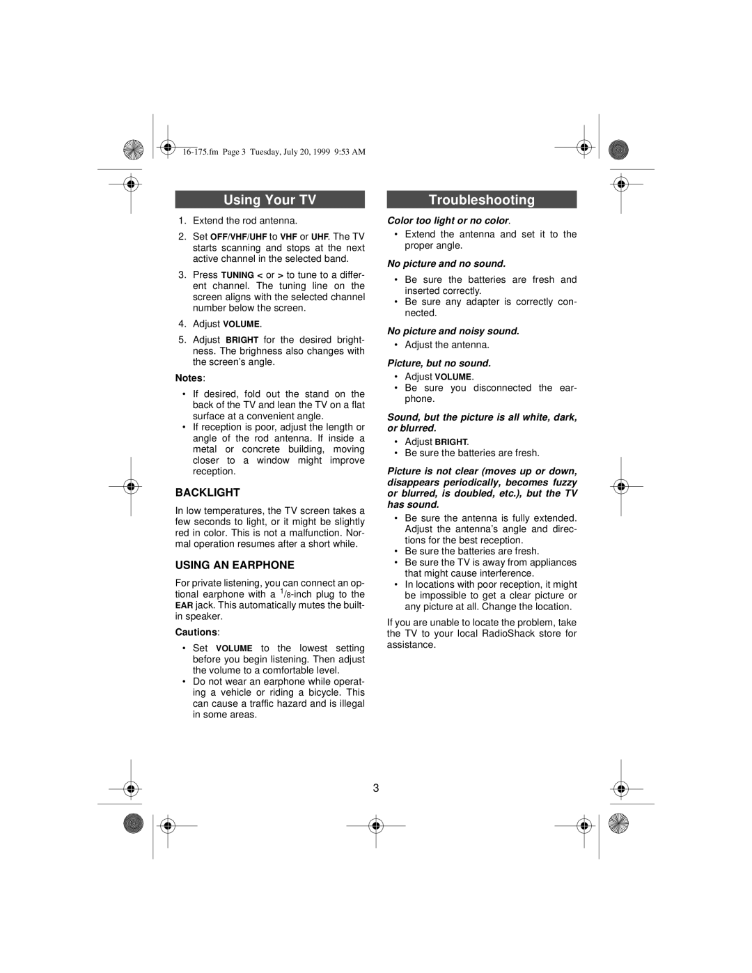 Tandy 16-175 manual Using Your TV, Troubleshooting, Backlight, Using AN Earphone 