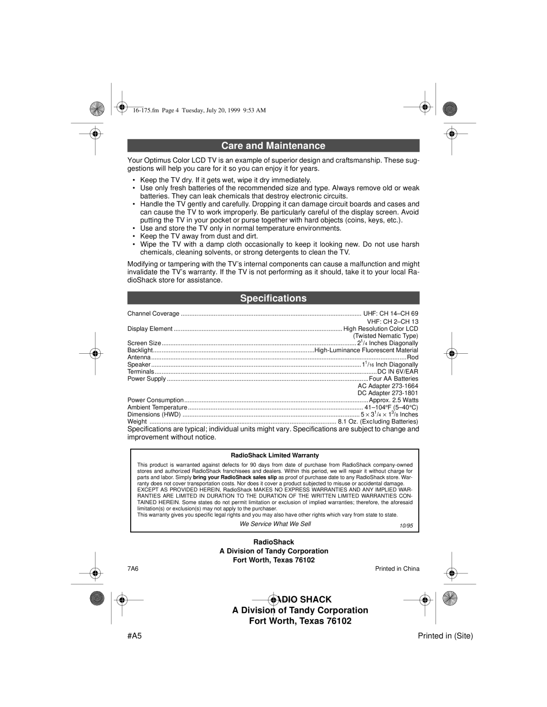 Tandy 16-175 manual Care and Maintenance, Specifications 