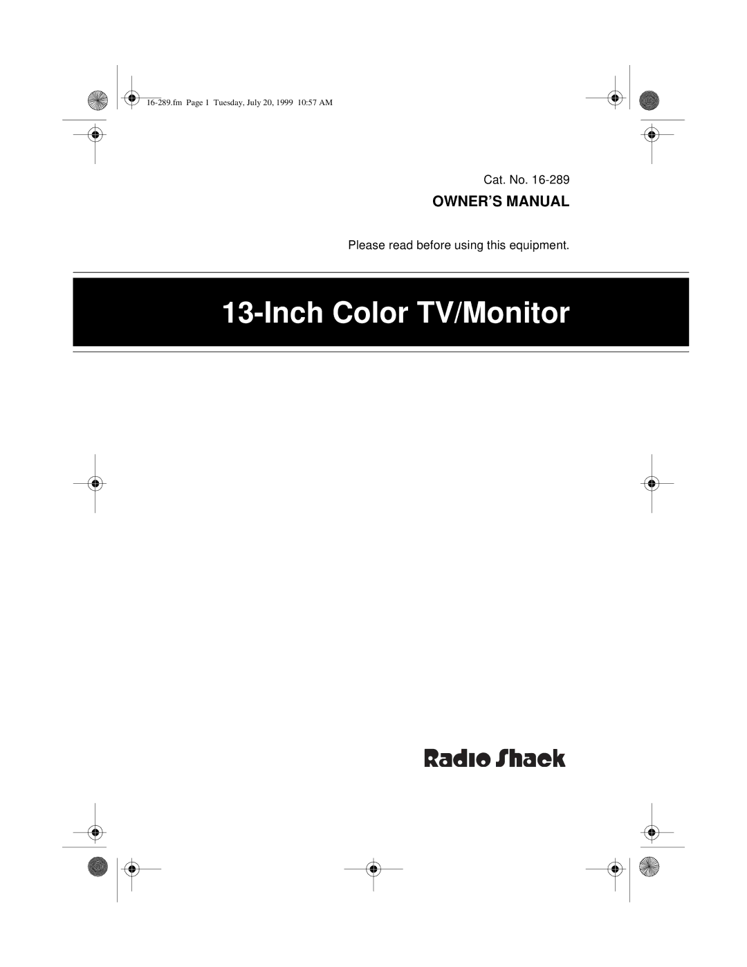 Tandy 16-289 owner manual Inch Color TV/Monitor 