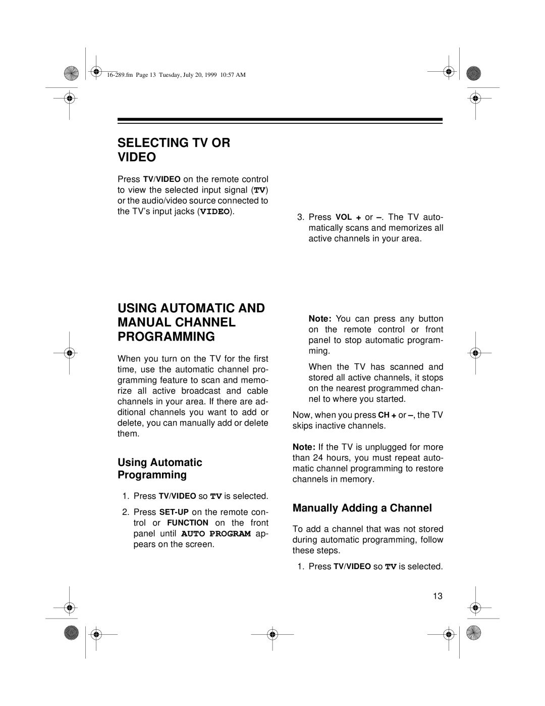 Tandy 16-289 Selecting TV or Video, Using Automatic and Manual Channel Programming, Using Automatic Programming 