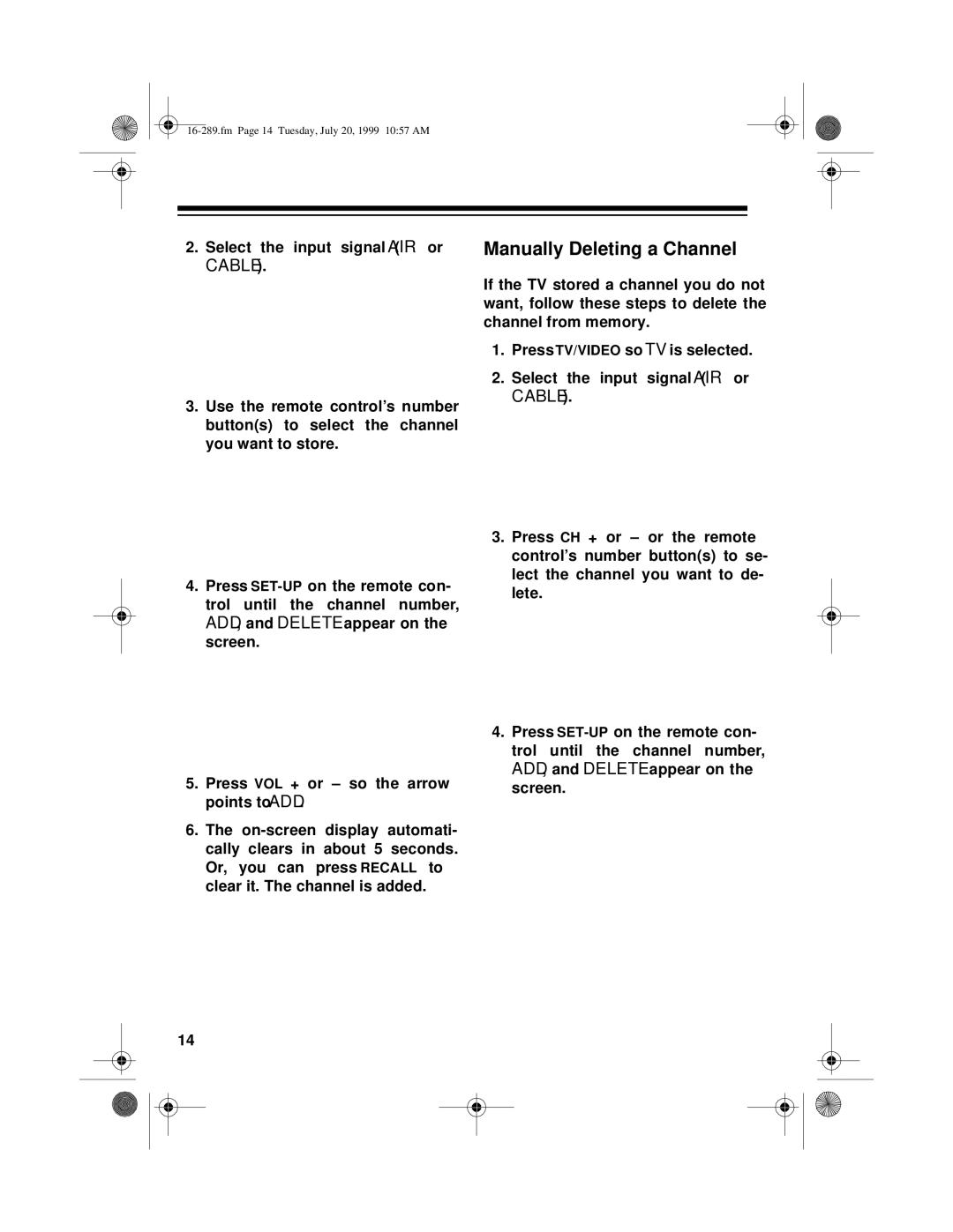 Tandy 16-289 owner manual Manually Deleting a Channel, Cable 