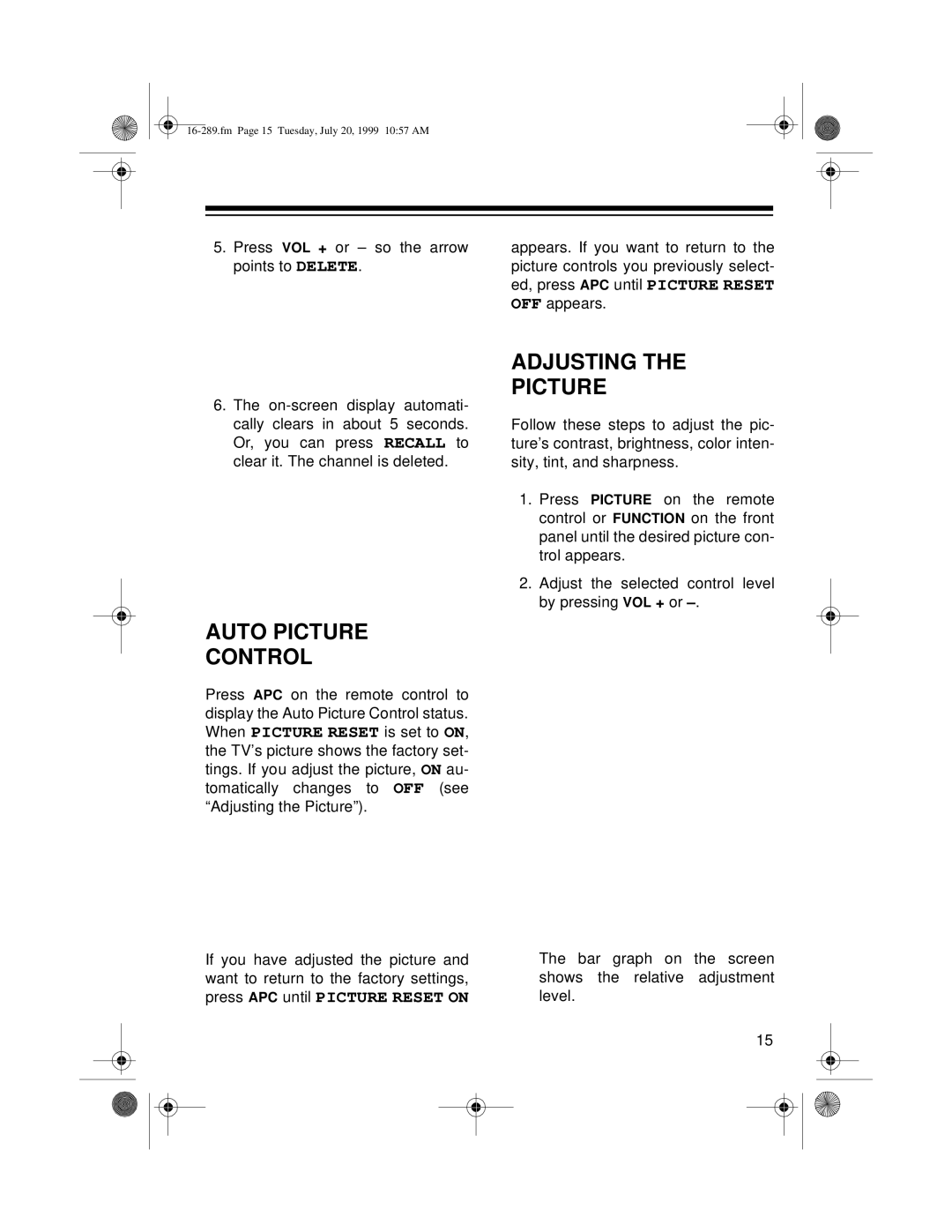 Tandy 16-289 owner manual Auto Picture Control, Adjusting Picture 