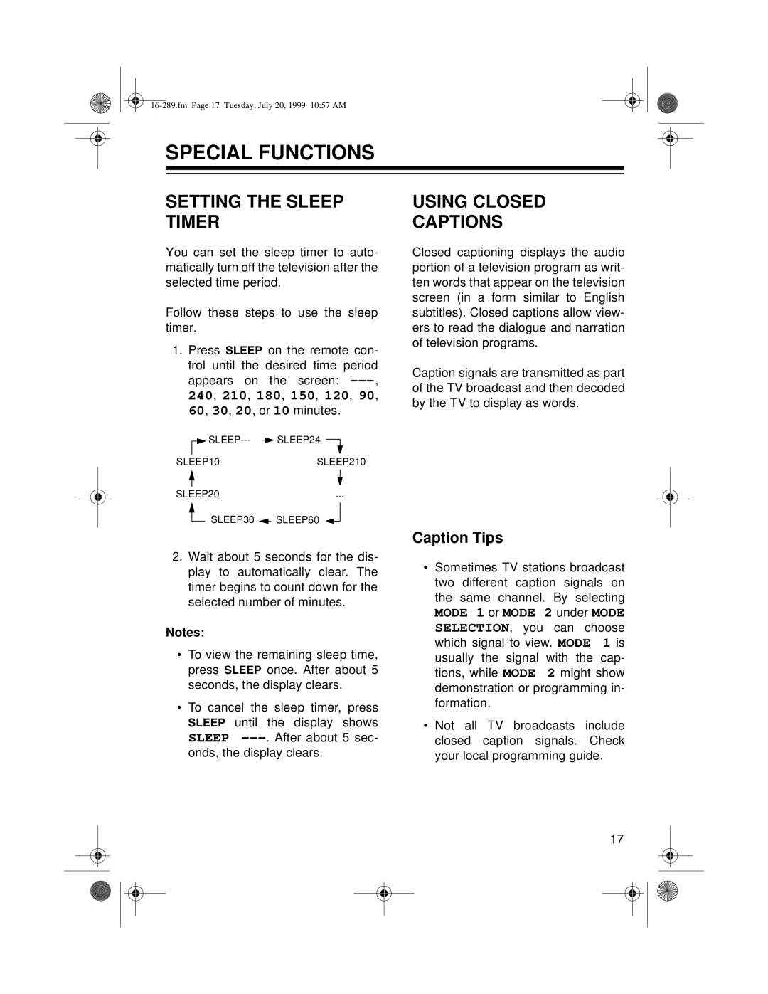 Tandy 16-289 owner manual Special Functions, Setting the Sleep Timer, Using Closed Captions, Caption Tips 