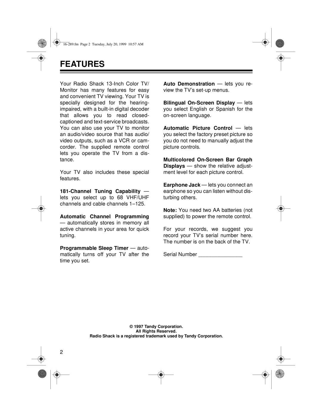 Tandy 16-289 owner manual Features 