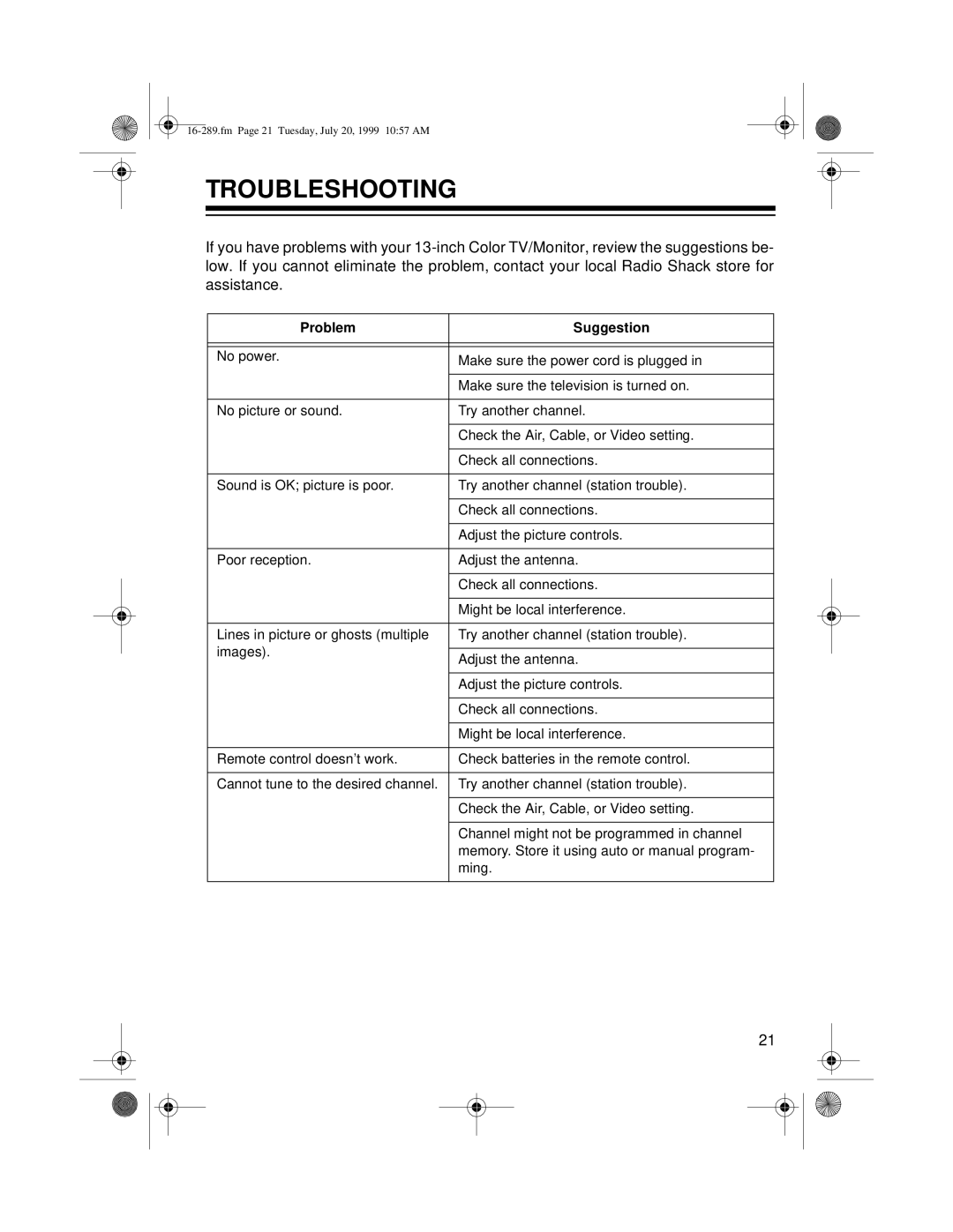 Tandy 16-289 owner manual Troubleshooting, Problem Suggestion 