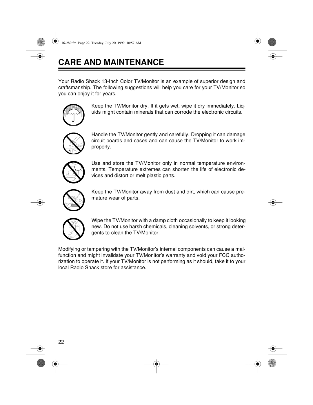 Tandy 16-289 owner manual Care and Maintenance 