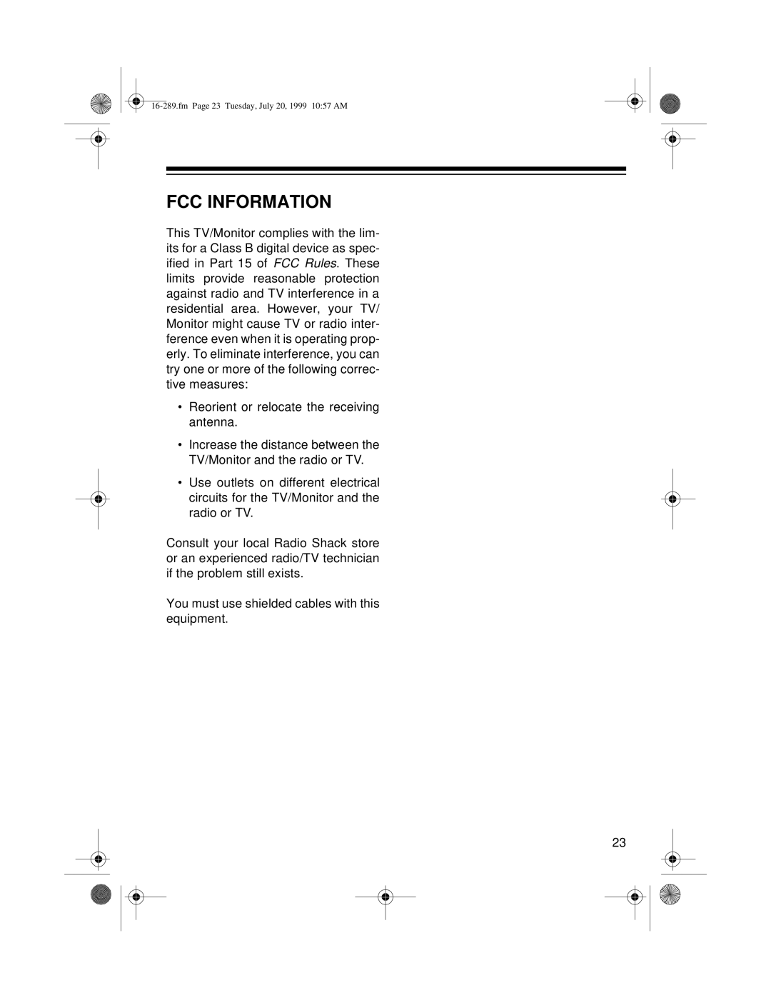 Tandy 16-289 owner manual FCC Information 